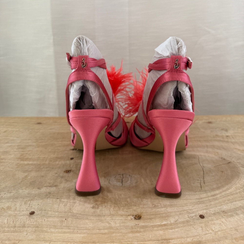 Sam Edelman Layton Feather Strappy Heels Rose Quartz Statement Sandal NWT Size 5 - Picture 13 of 16